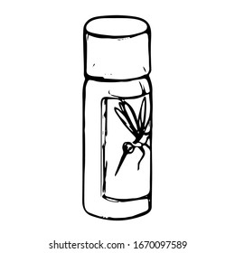 Vector sketch of mosquito and tick protection bottle, black and white repellent isolated on white background outline drawing. Ink and ink.
