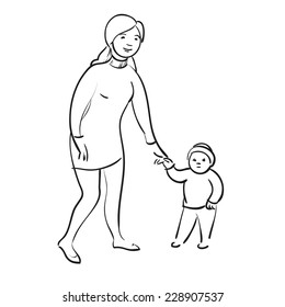 Vector sketch mother walks with the kid