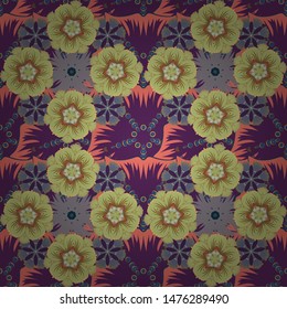 Vector sketch with motley ornament. Seamless pattern in orange, purple and blue colors.