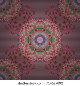 Vector sketch with motley ornament. Seamless pattern in pink, beige and red colors.