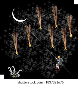 vector sketch of a mountain climber holding a rope to reach the moon, with the meaning of chasing a dream as high as the sky regardless of the obstacles.