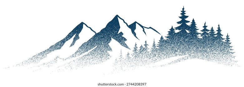 Vector sketch mountain landscape, hatching, imitation of a pencil drawing