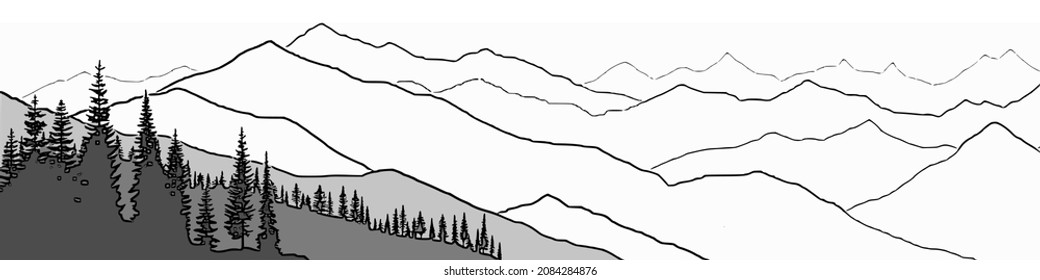 Esbozo vectorial, paisaje montañoso, imitación de un dibujo a lápiz