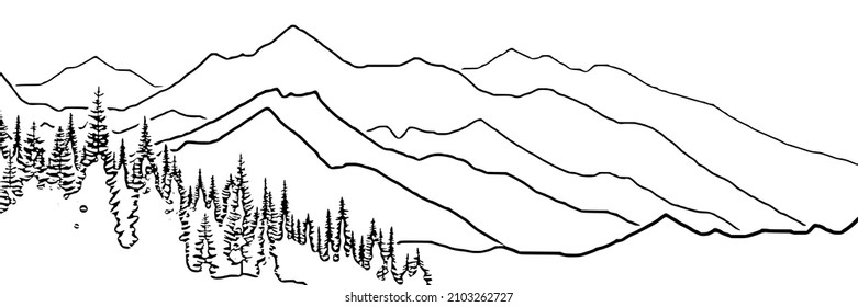 Esbozo vectorial, paisaje montañoso, imitación de un dibujo a lápiz