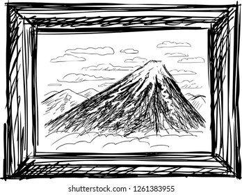 Vector sketch of a mountain scape in a frame