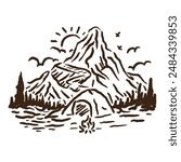 vector sketch of a mountain slope camping design with a unique and retro depiction