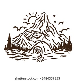 vector sketch of a mountain slope camping design with a unique and retro depiction