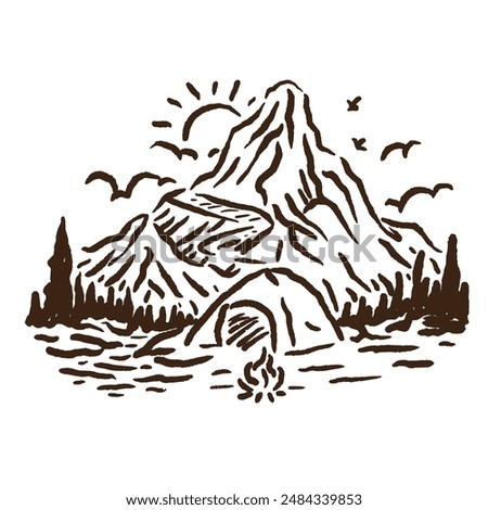 vector sketch of a mountain slope camping design with a unique and retro depiction