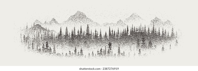 Vector sketch, mountains and forest, imitation of a pencil drawing