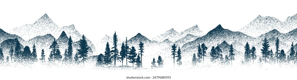 Vector sketch, mountains and forest, imitation of a pencil drawing