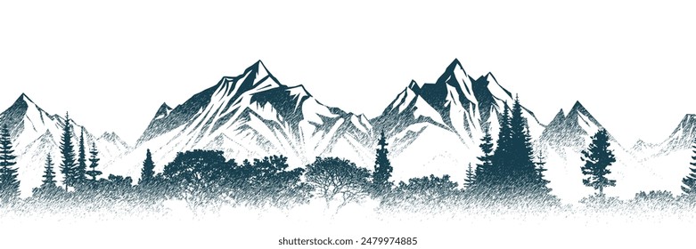 Vector sketch, mountains and forest, imitation of a pencil drawing