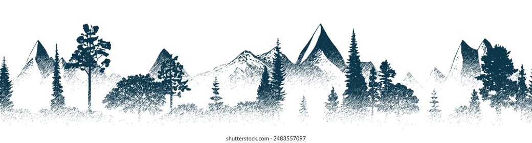 Bosquejo de Vector, montañas y bosque, imitación de un dibujo a lápiz