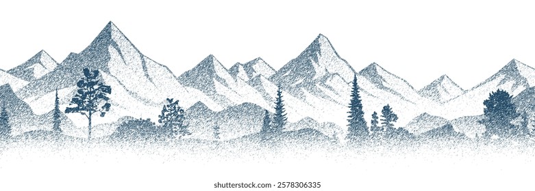 Vector sketch, mountains and forest, imitation of a pencil drawing