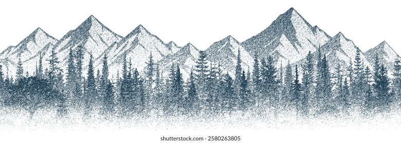 Vector sketch, mountains and forest, imitation of a pencil drawing