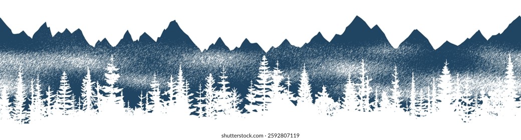 Vector sketch, mountains and forest, imitation of a pencil drawing, seamless border
