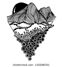 Vector sketch mountains in a triangle with the sun. Tattoo. Print design.