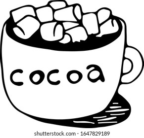 
Vector sketch. Mug with cocoa and marshmallows. Hot drink chocolate,  Cartoon doodle. Cute illustrations
