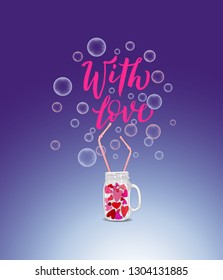Vector sketch mugs with a drink of hearts and handwritten text " with love"