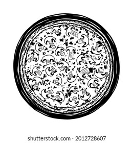 Vector sketch of Mushroom pizza. Tasty Italian pizza topped with cheese and champignon. Vector black and white illustration.