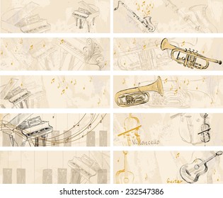 Vector Sketch musical instruments on a light background. Banners