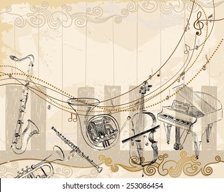 Vector Sketch musical instruments on a light background