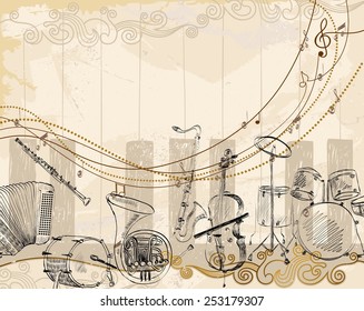 Vector Sketch musical instruments on a light background