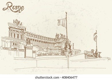 vector sketch of National Monument of Victor Emmanuel II. Rome, Italy. Retro style.