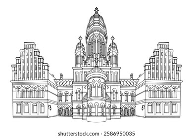 vector sketch of National University, in Chernivtsi town. Ukraine.