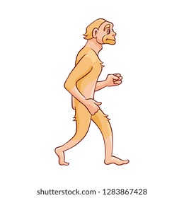 Vector sketch neanderthal ape-like caveman walking. Prehistory barbarian, ancient primitive homo male character. Isolated illustration