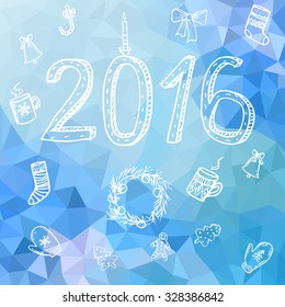Vector sketch New Year 2016 on low-poly triangle background. Hand drawn illustration. Holiday icons set.