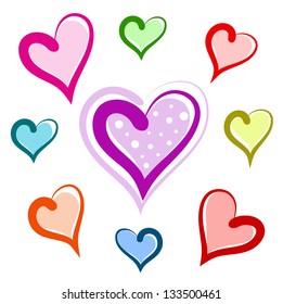 Vector sketch of nine hearts on white background.