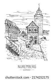 Vector sketch of Nuremberg, Germany. Freehand drawing. Hand drawn travel postcard. Urban sketch in black color isolated on white background. Historical building, castle, medieval houses line art.