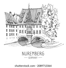 Vector sketch of Nuremberg, Germany. Historical building, bridge, river, old town line art. Freehand drawing. Hand drawn travel postcard. Urban sketch in black color isolated on white background.