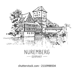 Esbozo vectorial de Nuremberg, Alemania. Edificio histórico, puente, río, castillo, arte de la línea del casco antiguo. Dibujo a mano alzada. Postal de viaje dibujada a mano. Esbozo urbano en color negro sobre fondo blanco.