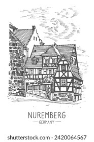 Vector sketch of Nuremberg, Germany. Historical building, old medieval houses line art. Freehand drawing. Hand drawn travel postcard. Urban sketch in black color isolated on white background, ink pen.