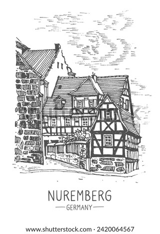 Vector sketch of Nuremberg, Germany. Historical building, old medieval houses line art. Freehand drawing. Hand drawn travel postcard. Urban sketch in black color isolated on white background, ink pen.
