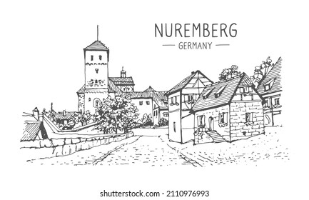 Esbozo vectorial de Nuremberg, Alemania. Esbozo urbano en color negro aislado en fondo blanco. Edificio histórico, castillo, casas medievales línea de arte. Dibujo a mano alzada. Postal de viaje dibujada a mano. 