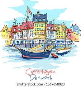 Vector sketch of Nyhavn with colorful facades of old houses and old ships in the Old Town of Copenhagen, capital of Denmark.