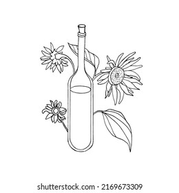 Vector sketch of an oil bottle on a background of sunflower flowers in the style of doodles. Illustration for label, note, website.