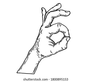 Vector sketch Ok gesture. Ok sign with fingers. Icon of ok. Vector black vintage engraved illustration isolated on white background.
