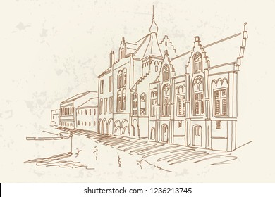 Vector sketch of old Brewery building in Bruges, Belgium.