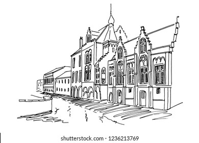Vector sketch of old Brewery building in Bruges, Belgium.