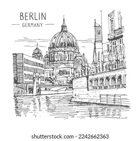 Vector sketch of the old church Berliner Dom, Germany. A hand-drawn old building, with a pen on paper. Urban sketch in black color isolated on white background. Freehand drawing of Berlin Cathedral.