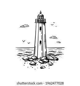 Vector sketch old lighthouse. Outline engraved illustration sea, rocks, waves, signal tower, marine birds