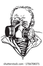 Esbozo vectorial del hombre mayor con mascarilla de gas aislado sobre protección de coronavirus blanco