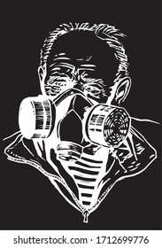 Vektorillustration-Skizze des alten Mannes in Gasmaske einzeln auf Schwarz, Koronavirus-Schutz