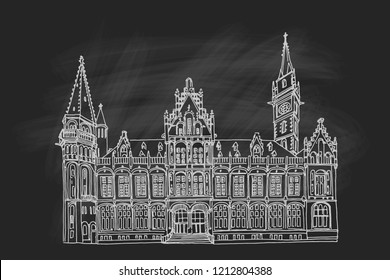 Vector sketch of Old Post palace, front view, Ghent, Belgium.