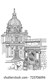 Vector sketch of old ruins in Rome, Italy.