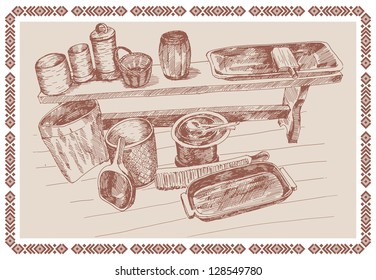vector sketch old Russian set of kitchen utensils