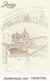 vector sketch of old Sant' Angelo Bridge  and St. Peter's cathedral in Vatican City Rome Italy.